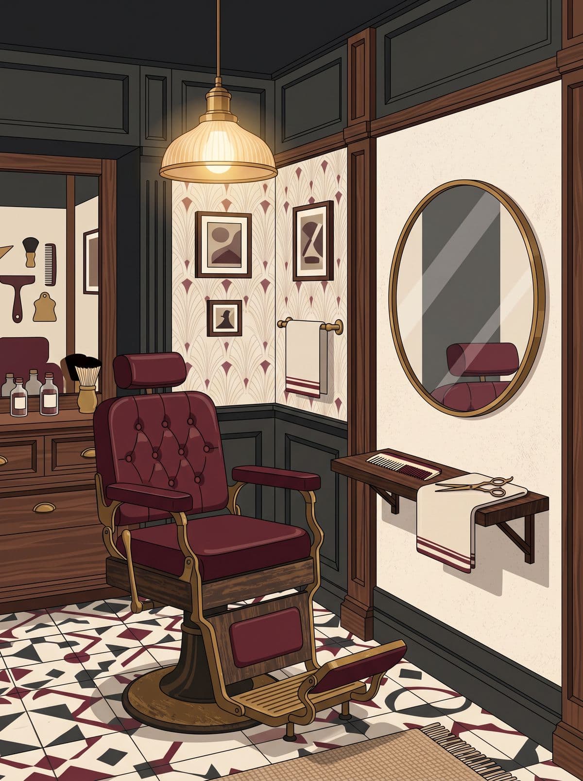 Ilustrație atelier de tuns, unelte clasice de frizerie